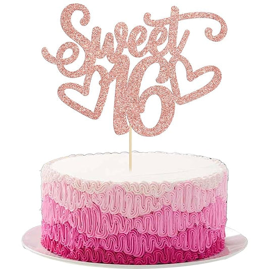 Gyufise 1Pc Sweet Teenager 16 Cake Topper Glitter 16th Birthday Cake Pick for Cheers to 16 Years Old 16th Birthday Party Cake Decorations Supplies Rose Gold
