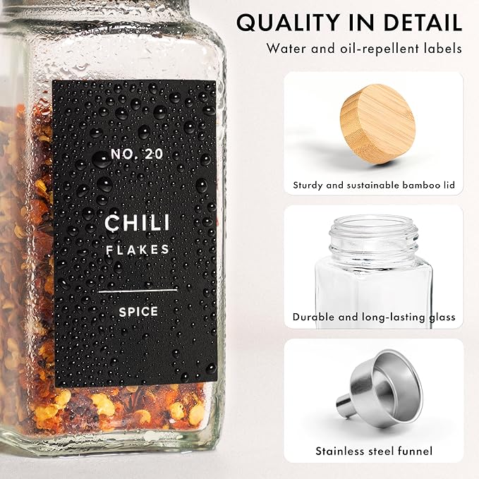 EDELHAUS® Square Spice Jars with Bamboo Wooden Lid (Pack of 24) Spice Jars with Shaker Insert and 240 Labels - Bamboo Lid Glass Container for Spice Organisation [4.3 in × 1.8 in]