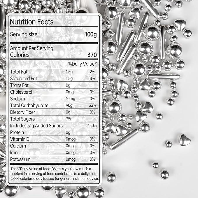 Silver Pearl Rods Heart Sprinkles, Baking Sugar, Silver Sprinkles for Cake, Mix Size, Cupcake Decoration, Holiday, Mother's Day, Wedding Party Supplies