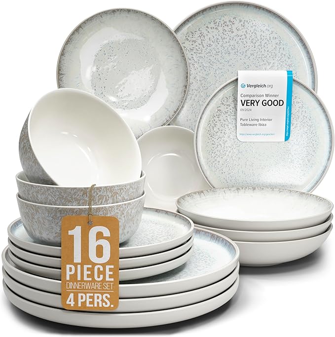 Stoneware dinnerware set 4 persons 16 pcs - Mediterranean dinnerware set, dishwasher, microwave and scratch resistant - bowl and plate set - dinnerware Pure Living Light Beige…