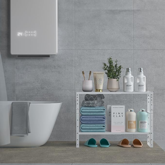 Expandable,Adjustable & Stackable Spice Rack, Cabinet Kitchen Countertop Shelf Organizer,Metal Pantry Storage Shelves - Space-Saving Storage Solution(2Packs/White/Medium)