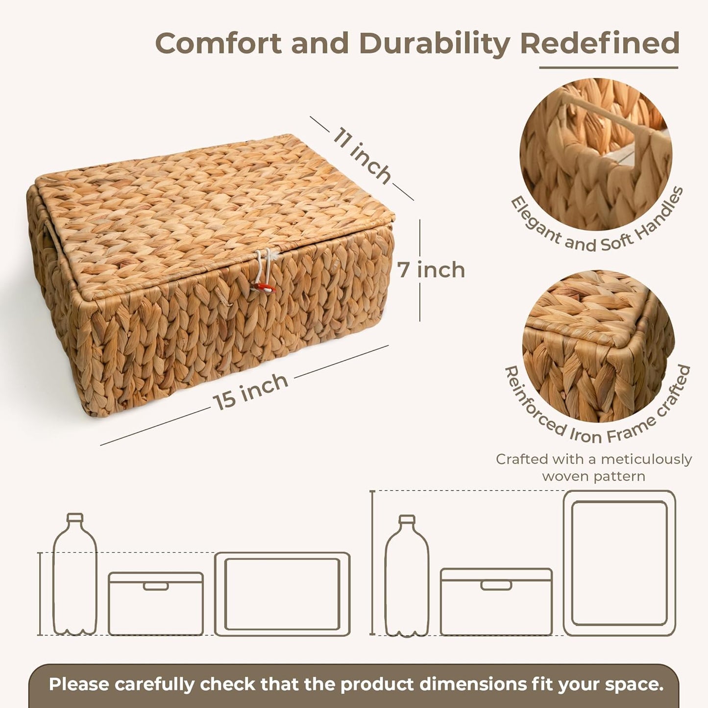 KOKODO Large Rectangular Water Hyacinth Wicker Storage Baskets with Lid, Handles and Built-in Metal Frame, Stylish and Durable Handwoven Bin Perfect for Space-saving Shelves and Room Organizing