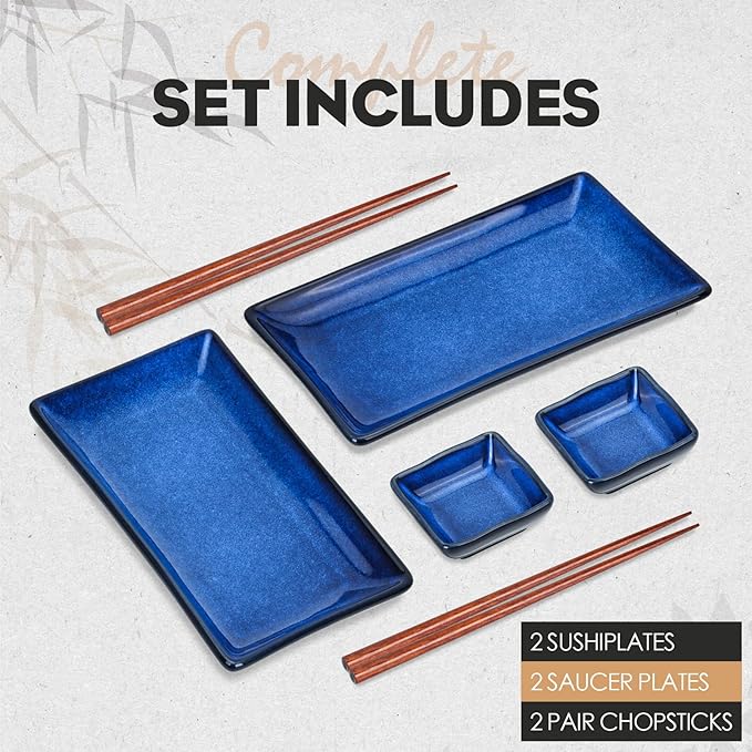 Ceramic Sushi Serving Tray Sets 2, 6 Pieces Japanese Style Porcelain Sushi Plate Set with Soy Sauce Dishes, Bamboo Chopsticks Housewarming Gift, Blue