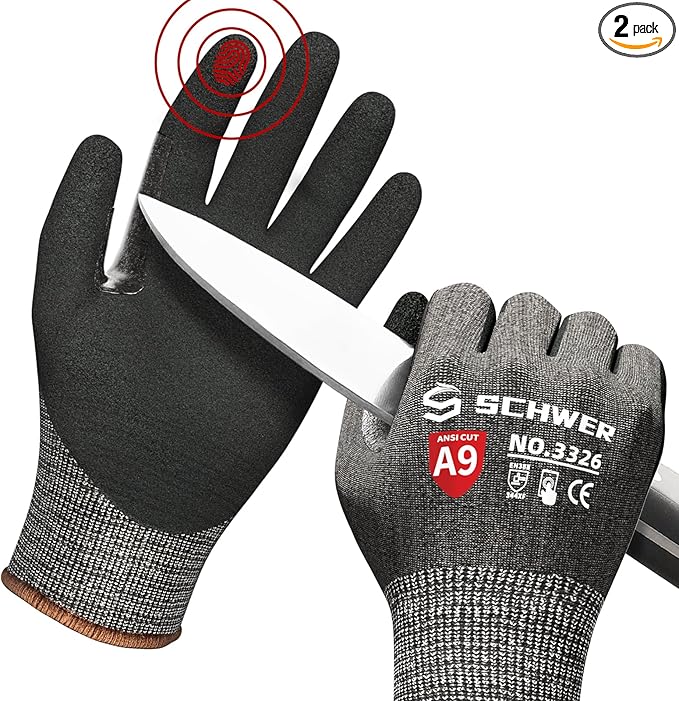 Schwer ProGuard Highest Level Cut Resistant Work Gloves PR3326 for Extreme Protection，ANSI A9 Cut Gloves with Reinforced Thumb, Non Slip, Non PFAS, Durable, Touch-screen, Black 2 Pairs（M）