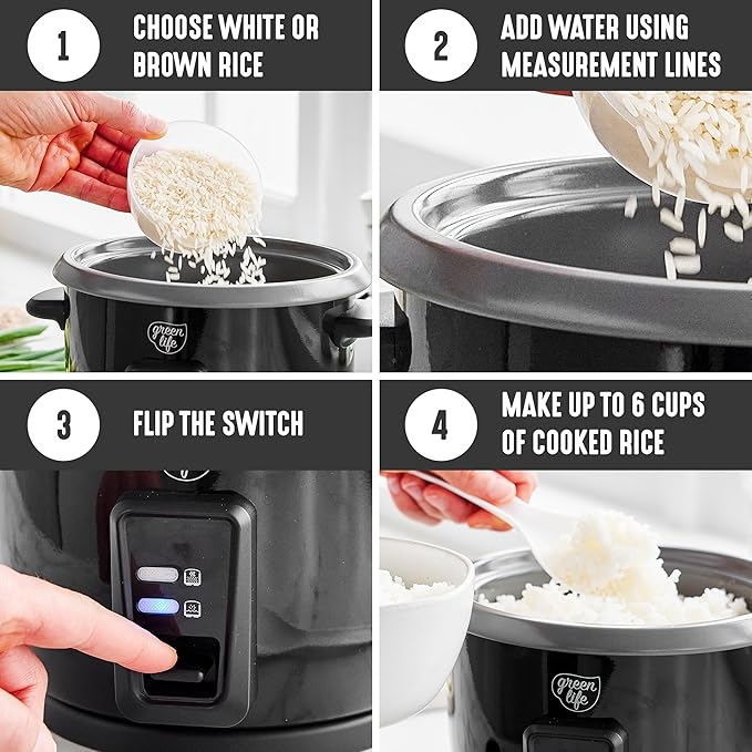GreenLife Electric Rice Cooker, 3-Cups Uncooked/6-Cups Cooked, Removable PFAS-Free Nonstick Pot, One-Switch Design, Auto Keep Warm, Small Space Saving, Rice Paddle, Soup, Grains, Oatmeal, 1.5 QT, Black