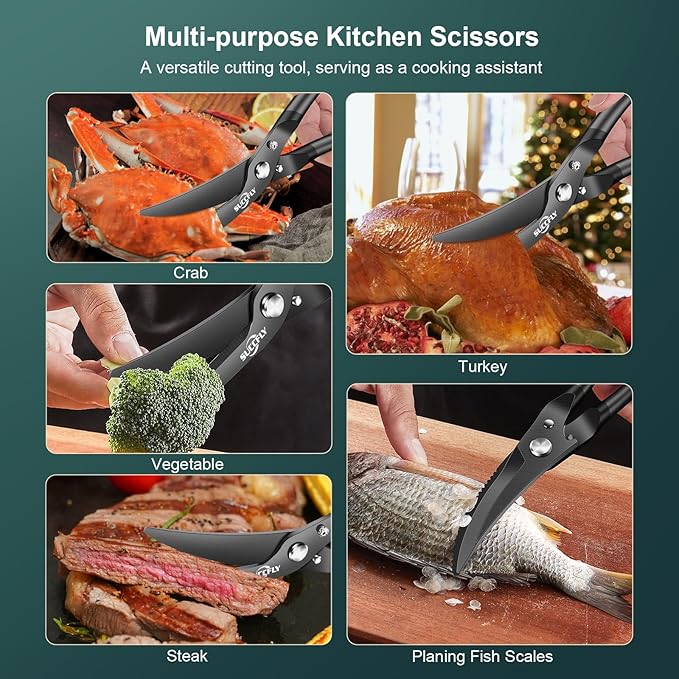 Kitchen Shears Heavy Duty, Premium Kitchen Scissors Stainless Steel, 8.8" Poultry Shears Ultra Sharp for Bone Chicken Meat, Food Scissors Anti-Slip Handle, Black Titanium Plated, Spring Loaded