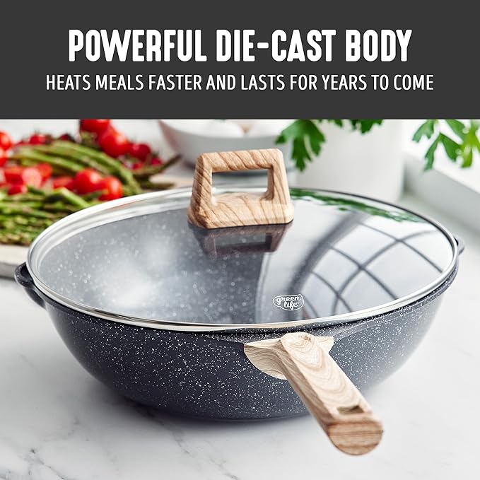 GreenLife Nonstick 12” (5QT) All in One Deep Skillet Wok with Lid, PFAS-Free Non-Toxic Ceramic Multi-Purpose Pan, Induction, All Stovetop, Egg, Stir Fry, Saute, Stay Cool Handle, Granite Black
