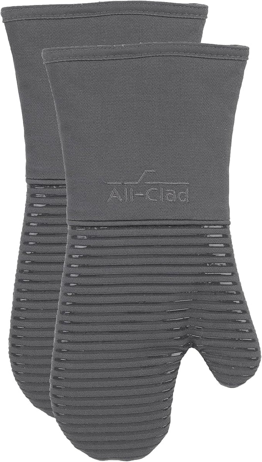 All-Clad Silicone Oven Mitts: Heat Resistant up to 500 Degrees - 100% Cotton & Silicone, 14"x7" Oven Mitt for Kitchen and Barbeque, 2-Pack, Pewter