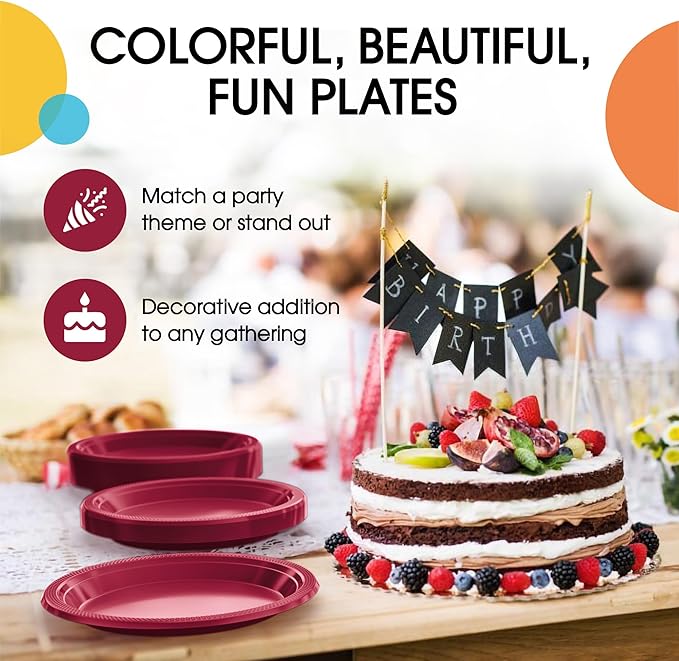 Exquisite Party Solids Burgundy Plastic Plates For Party 7" Burgundy Disposable Plates Heavy Duty Supplies 100 Pcs Plastic Dinnerware Sets Heavy Duty 350 GSM Disposable Dinnerware Set