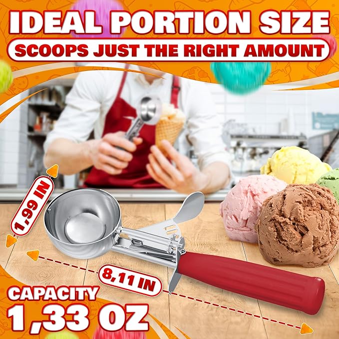 1.33oz Ice Cream Scoop with Trigger #24 - Stainless Steel Ice Cream Scooper for Gelato, Cookie Dough, Meatballs - Easy Portion Control, Comfortable Non-Slip Handle, Dishwasher Safe, Rust Resistant