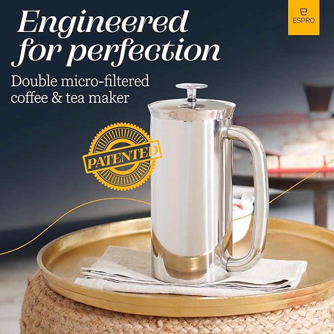 ESPRO P7 French Press Coffee Maker - Double-Walled Stainless Steel Insulated with Micro-Filter, 32 Ounces, Polished Stainless Steel