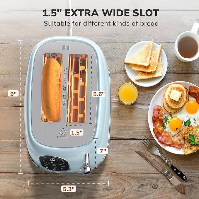 Keenstone Smart Touch Screen Toaster 2 Slice, Retro Wide Slot Stainless Steel Toaster with 6 Browning Levels, Reheat & Defrost, for Bagel, Toast, Bread, Removable Crumb Tray, Blue