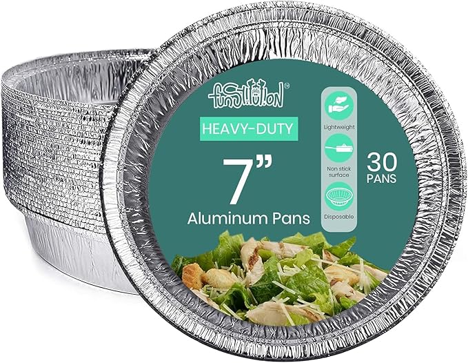 FUNSTITUTION Round Disposable Aluminum Pie Pans (30 Pack) - 7 Inch Disposable Pie Pans - Round Aluminum Foil Pans For Baking, Grilling, Cooking, Storing, Prepping