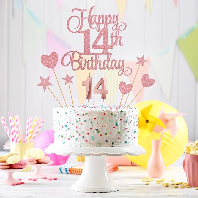 14th Birthday Cake Decorations, 14th Birthday Candles Cake Numeral Candles and Glitter Happy 14th Birthday Cake Toppers Set for Birthday Party Supplies (Rose Gold)