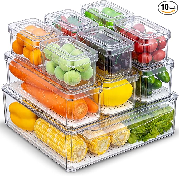 10 Pack Fridge Organizer, Stackable Refrigerator Organizer Bins with Lids, BPA-Free Produce Fruit Storage Containers for Storage Clear for Kitchen, Food, Drinks, Vegetable Storage