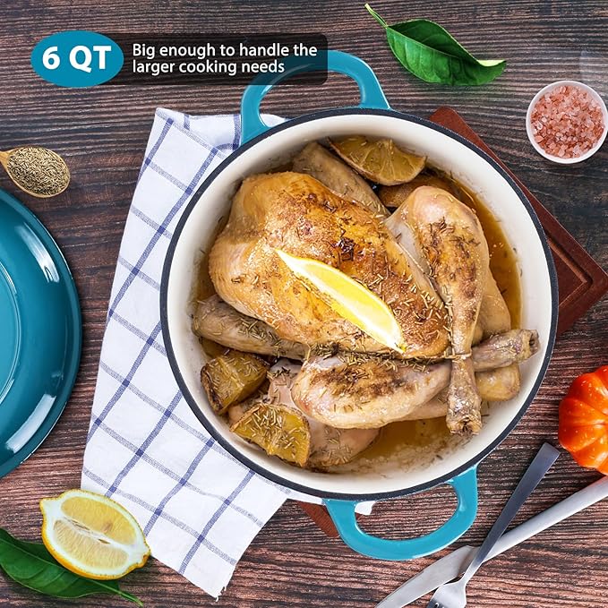 E-far 6 Quart Dutch Oven, Enameled Cast Iron Dutch Oven Pot with Lid, Nonstick Round Cookware for Braising/Stews/Roasting/Bread Baking/Cooking, Heavy Duty, Induction & Oven Safe - Teal Mist