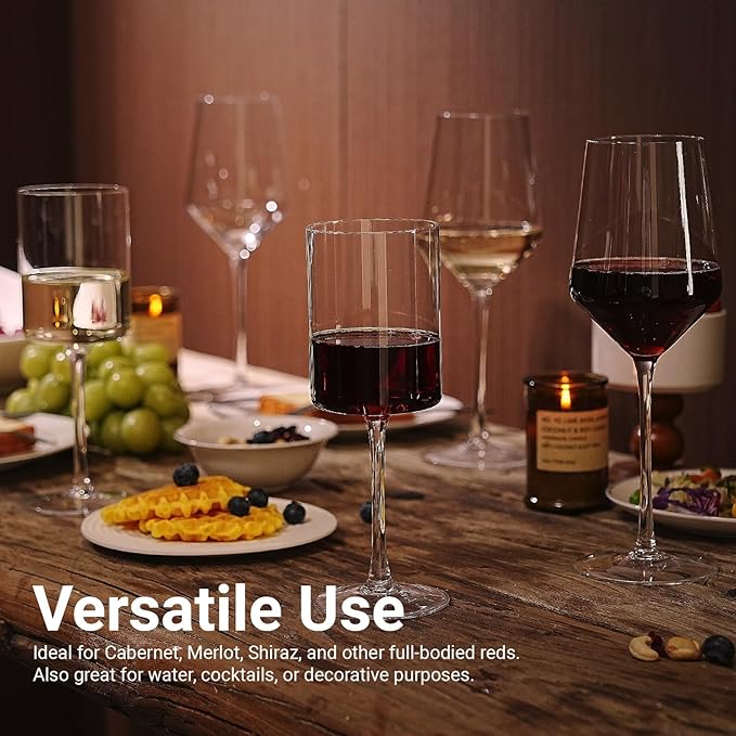 MICHLEY Square Crystal Wine Glasses Set of 2-15.5 oz large Long Stem Glassware Red/White Glasses Drinkware Perfect Gifts for Women, Wedding,Birthday Decorations