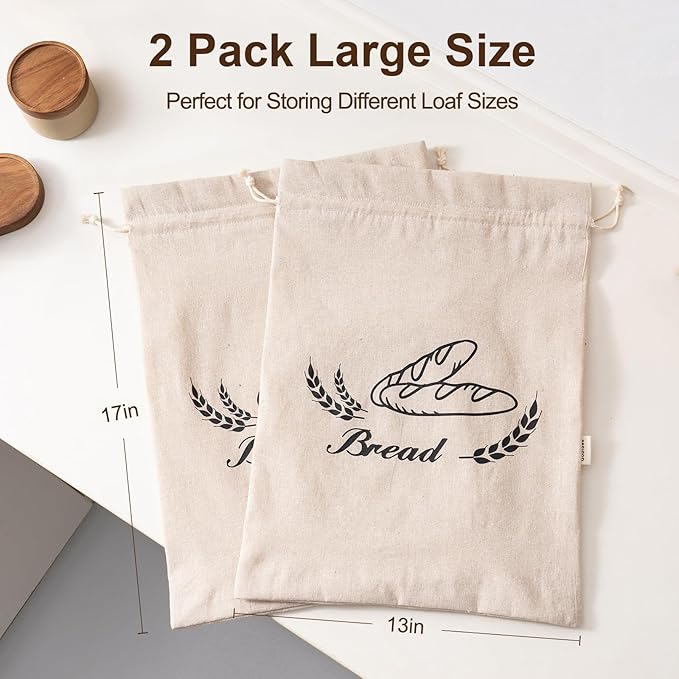 2 Pack Linen Bread Bags for Homemade Bread - Plastic Lined - Reusable Linen Sourdough Bread Storage Bags with Plastic Liner - 17" x 13"