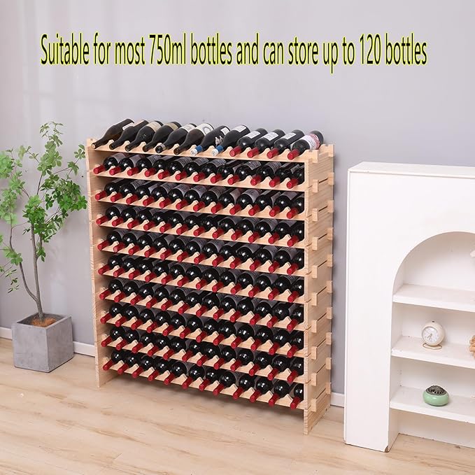 Freestanding Wine Rack Cabinet Floor Standing 120 Bottle Pine Stackable Storage Modular Wine Rack Display Stand
