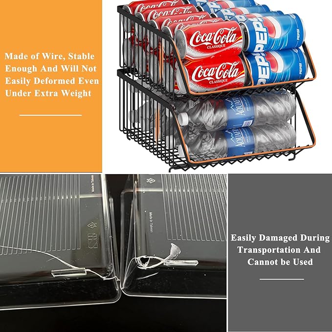 GILLAS 2 Pack Stackable Soda Can Organizer with Dividers for Refrigerator, Can Holder Dispenser Canned Food Organizer, Beverage Storage Basket Rack Drink Organizer for Fridge, Kitchen, Pantry, Black