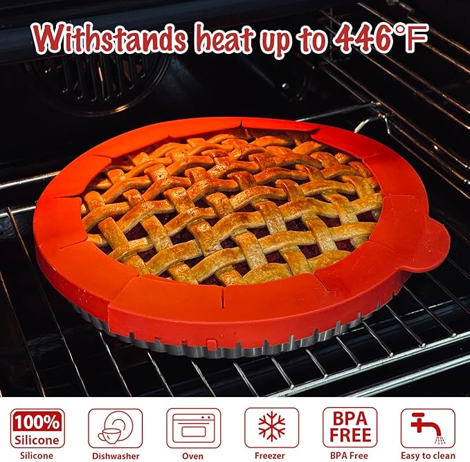 Webake Pie Crust Protector Shield Adjustable Pie Crust Shield Fits 11.5-9 Inch Pie Pan, European Food Grade Silicone Pinch Test Passed, for Baking Party Pie Tart, Pack of 2, Red and Grey