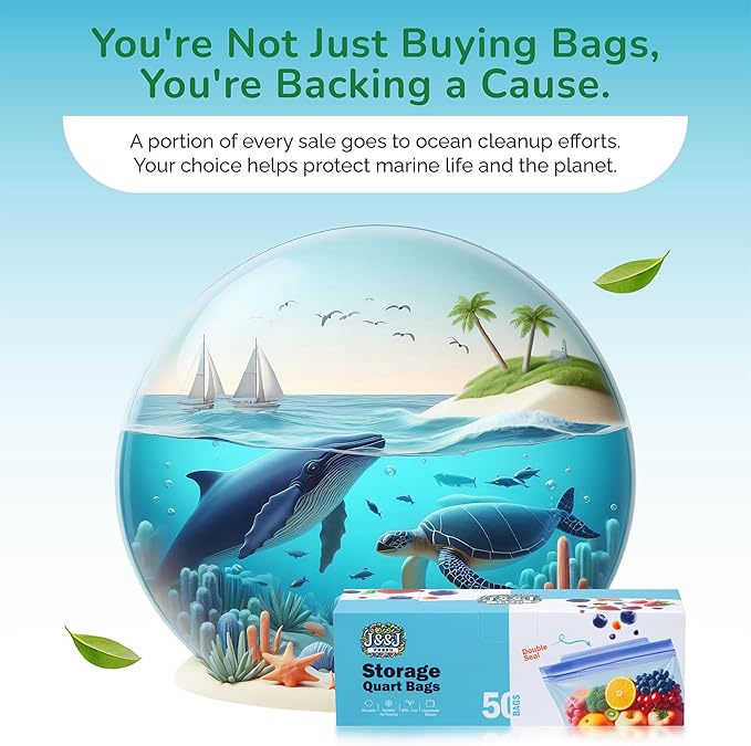 J&&J Fresh Storage Quart Freezer Bags, 50 Pack — Reusable, BPA-Free, Leakproof — Expandable Bottom, Microwave-Safe, Strong Zipper Seal — Quart Bags for Meal Prep & Freezer Storage — Durable & Washable
