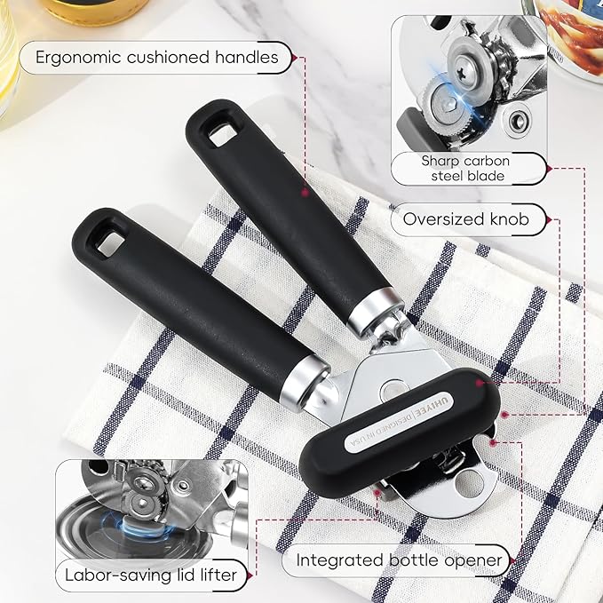 Can Opener Manual, UHIYEE Hand Held Manual Can Openers Heavy Duty with Smoother Cut Sharp Blade, Manual Hand Can Open with Soft Handle, Easy to Turn Knob, Magnetic Lid Lifter, Black