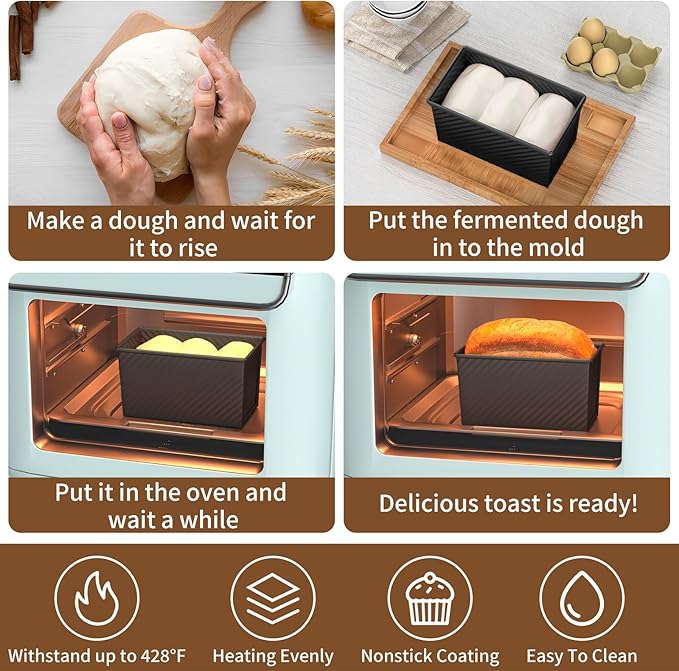 2 PCS Pullman Loaf Pan with Lid, 1.2Lb & 0.67 Lb Dough Capacity Non-Stick Bread Pans for Homemade Bread, Carbon Steel Bread Loaf Pans, Bakeware for Baking Sandwich and Toast, Black