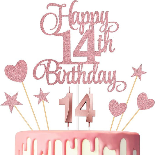 14th Birthday Cake Decorations, 14th Birthday Candles Cake Numeral Candles and Glitter Happy 14th Birthday Cake Toppers Set for Birthday Party Supplies (Rose Gold)