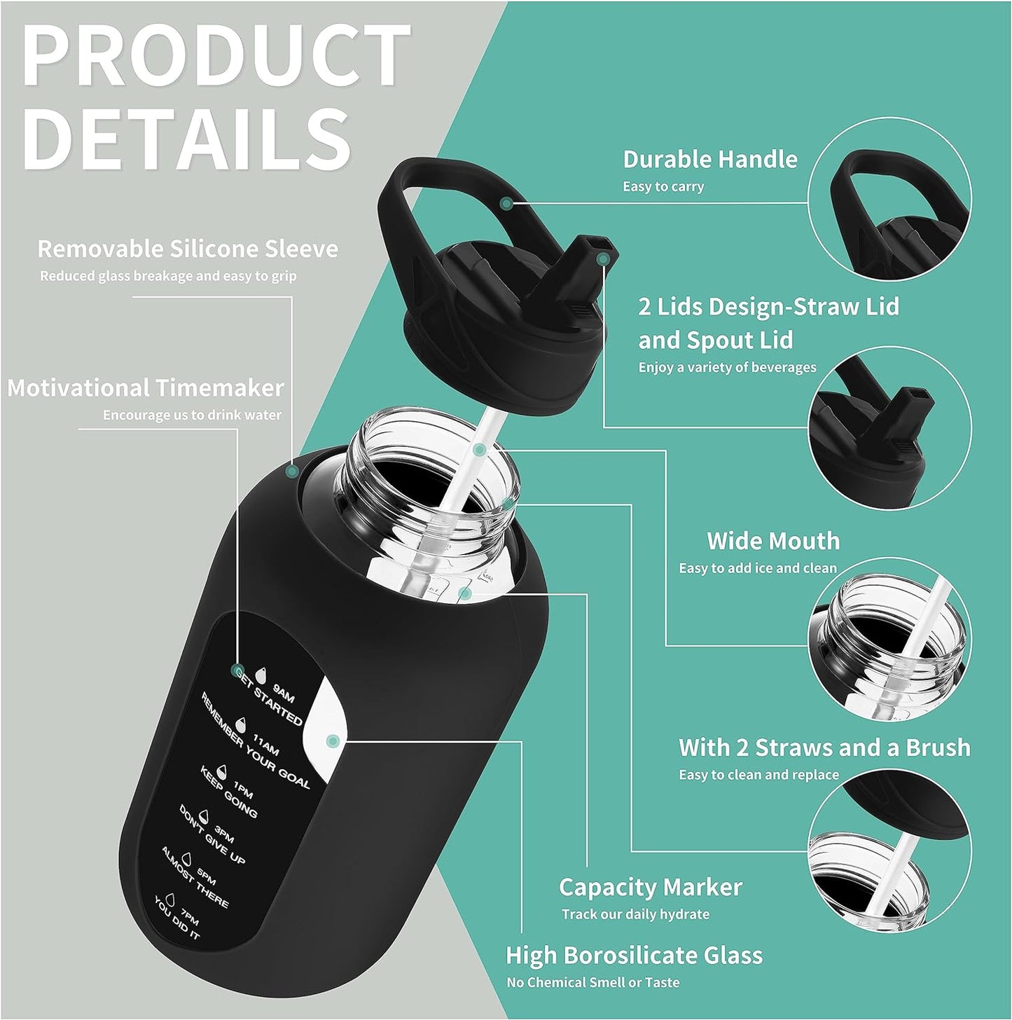 CIVAGO 64 oz Glass Water Bottle Jug with Straw and Handle, Half Gallon Sports Motivational Water Bottle with Time Marker, Wide Mouth Flask Canteen with Silicone Sleeve for Gym, Mauve