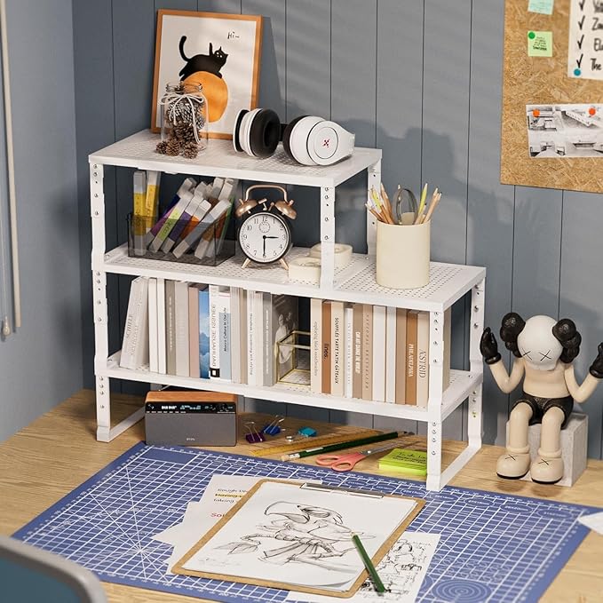 Expandable Spice Rack Kitchen Cabinet Shelf Organizer, Stackable Storage Shelves Racks, Adjustable Counter Shelving for Cabinets, Countertop, Cupboard,Pantry and More(1Pack/White/Large)