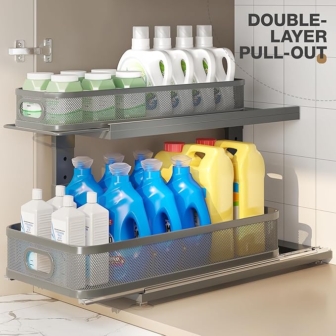 2 Pack 21IN-Depth Under Sink Organizer With Next-Gen Ball-Bearing Slides,2-Tier Precision Mesh Pull Out Cabinet Storage for Bathroom&Kitchen,Height Adjustable Drawers Shelf,Anti-rust-Grey