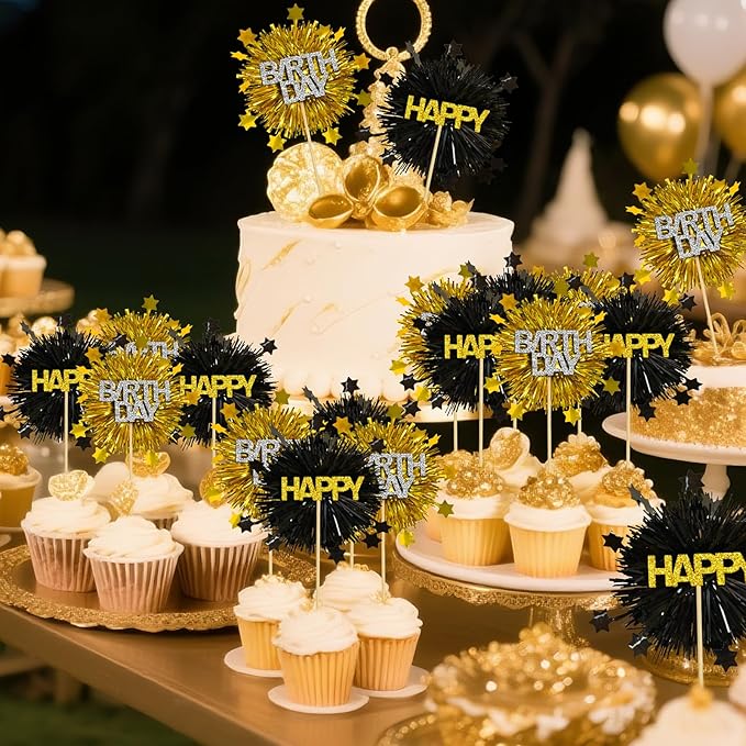 LOLStar 12 PCS Happy Birthday Cake Toppers, Black and Gold Foil Cupcake Toppers, Glitter Tinsel Cupcake Decor, Food Picks Drink Stirrers Cocktail Toothpicks for Celebrating Party Supplies