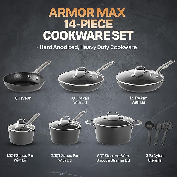 GRANITESTONE 14 Pc Induction Cookware Sets, Kitchen Pots and Pans Set Non Stick, Kitchen Cookware Sets, Nonstick Cookware Set, Non Stick Pots and Pan Set, Hard Anodized, Oven and Dishwasher Safe