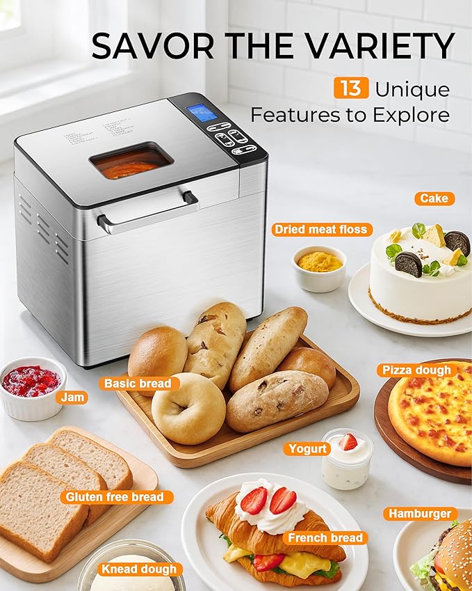 EUHOMY Bread Maker Machine 13 Program 2LB Bread Maker, Bread Machine with 3 Loaf Sizes and 3 Crust Colors, Breadmaker with Fruit & Nut Dispenser,Ideal for Family Gifts, Gluten Free