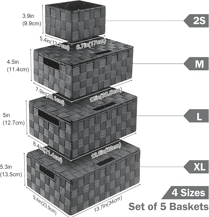 Storage Bins with Lids, Woven Storage Box Organizer Containers Decorative Baskets Cube for Clothes Bedroom Closet Office (5 Pack, Grey)