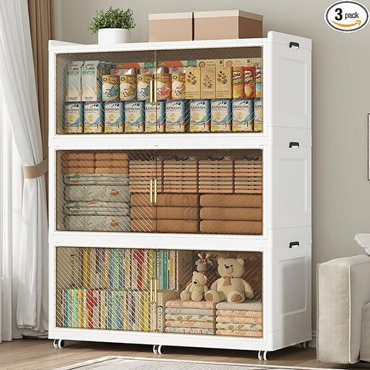 150 Gallon Extra Large Collapsible Storage Bin with Lid, 600QT Stackable Plastic Organizer with 6x Wheels, Foldable Drawer Cabinet for Closet, Living Room Office Dorm 3Pack, White