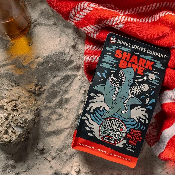 Bones Coffee Company Shark Bite, Buttered Rum Flavored Coffee, Medium Roast Low Acid Arabica Beans Compatible with Auto drip and French Press Coffee Maker, 12 Oz Ground