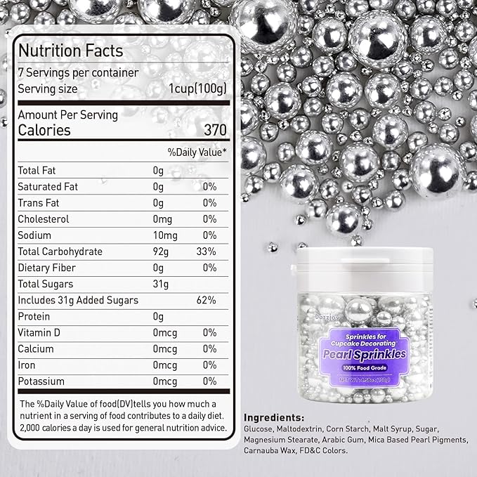 Dazzjoy Silver Pearl Sugar Candy Sprinkles, Edible Pearl Mix Size, 4.58oz, Cake Decoration & Cake Toppers, Baking Cake Decorations, Wedding Party Valentines Easter Supplies