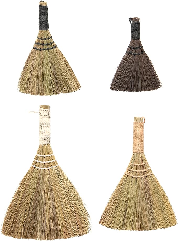 Creative Co-Op Whisk Brooms with Yarn Wrapped Handles, Multi Color Neutrals, Set of 4