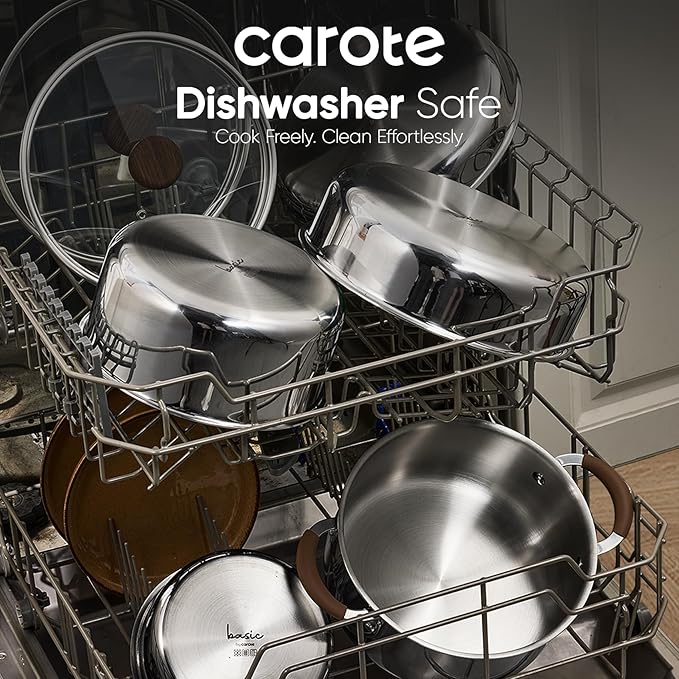 CAROTE 19pcs Stainless Steel Cookware Set with Detachable Handle, Pots and Pans Set, Induction Kitchen Cooking Sets, RV/Camping Cookware, Removable Handle, Oven Safe, Woodgrain