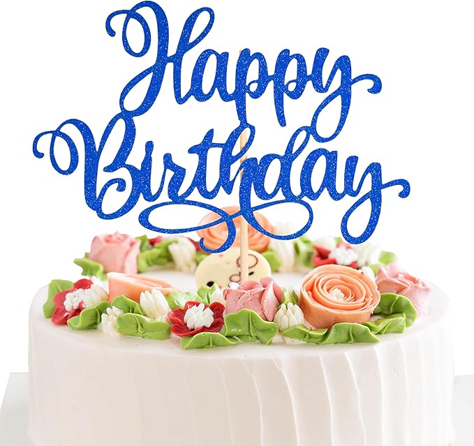 Happy Birthday Cake Toppers 9 Inch Glitter Happy Birthday Cake Pick for Birthday Anniversary Theme Party Cake Decorations Supplies - Dark Blue
