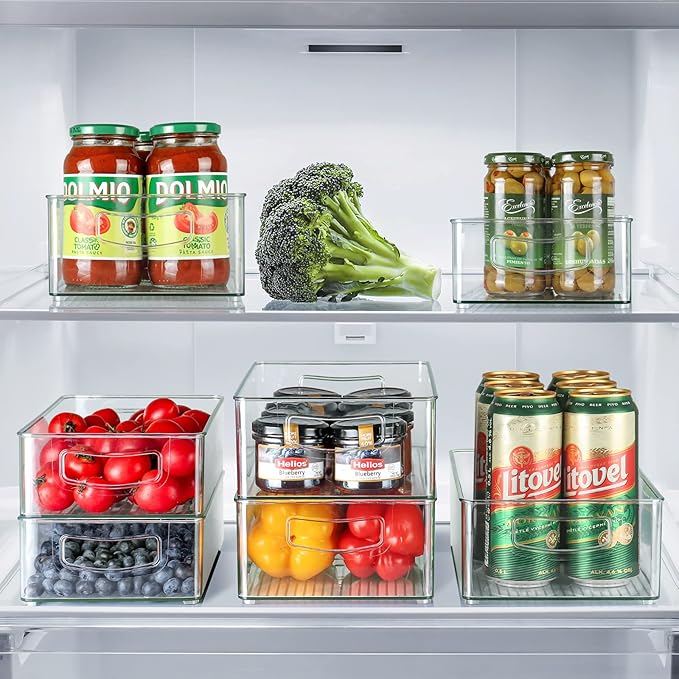 Hudgan 8 PACK Clear Stackable Storage Bins, Straight Sides Plastic Organizer Bins for Kitchen and Pantry Organization, 4 Large and 4 Medium Sizes Refrigerator Fridge Organizers and Storage