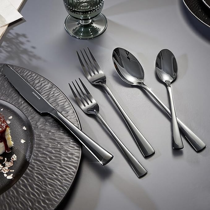 KINGSTONE 18/10 Stainless Steel Flatware, 20-Piece Forged Silverware Set for 4, Mirror Polished Cutlery Set Dishwaher Safe for Home, Restaurant, Wedding, Party, Black