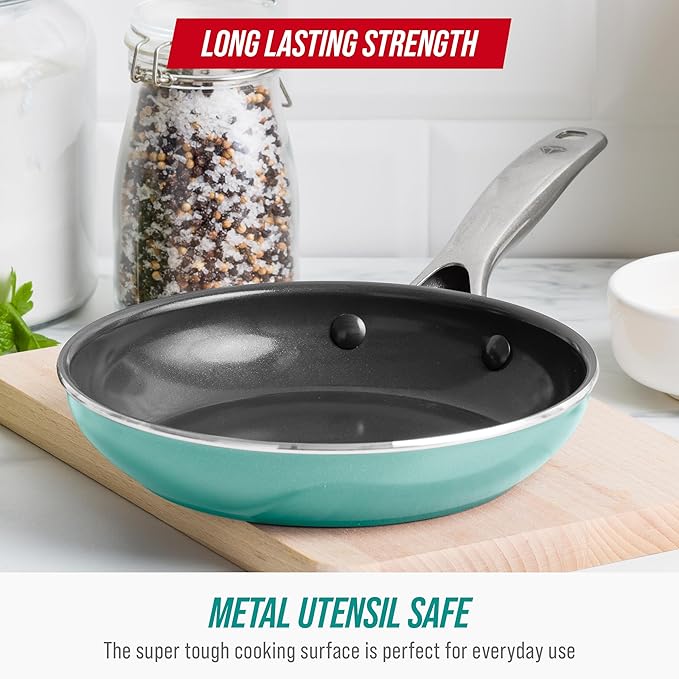 Blue Diamond 8" Nonstick Frying Pan Skillet, Diamond Infused PFAS & PTFE-Free Ceramic Pot, Dishwasher & Oven Safe, Stay Cool Handle, Durable Non Toxic Metal Utensil Safe, Egg & Omelet Pan, Turquoise