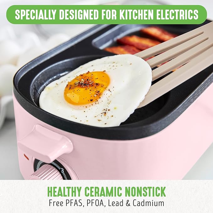 GreenLife 3-in-1 Breakfast Maker Station, Healthy Ceramic Nonstick Dual Griddles for Eggs Meat Sausage Bacon Pancakes and Breakfast Sandwiches, 2 Slice Toast Drawer, Easy-to-use Timer, Pink