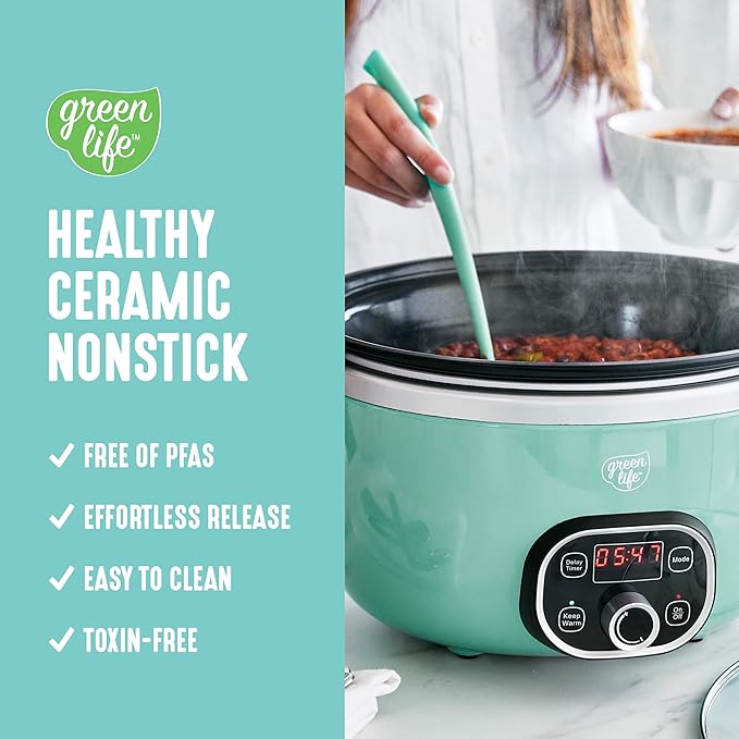 GreenLife 6 Quart Ceramic Slow Cooker, PFAS-Free, Programmable, Removable Healthy Nonstick Pot for Family Meals, Sear on Stovetop, Keep Warm, Digital Timer, Dishwasher Safe Glass Lid, Turquoise