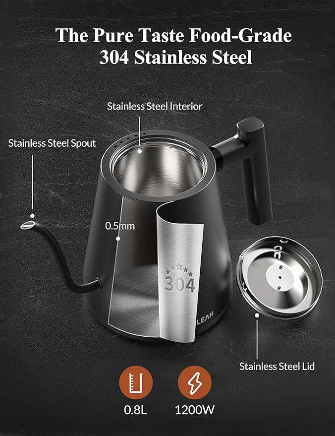 KLEAH Gooseneck Electric Kettle with Temperature Control - 0.8L Automatic Shut Off Tea & Coffee Kettle, Hot Water Boiler Pour Over Coffee Kettle, 1200W Quick Heating Keep Warm, Black