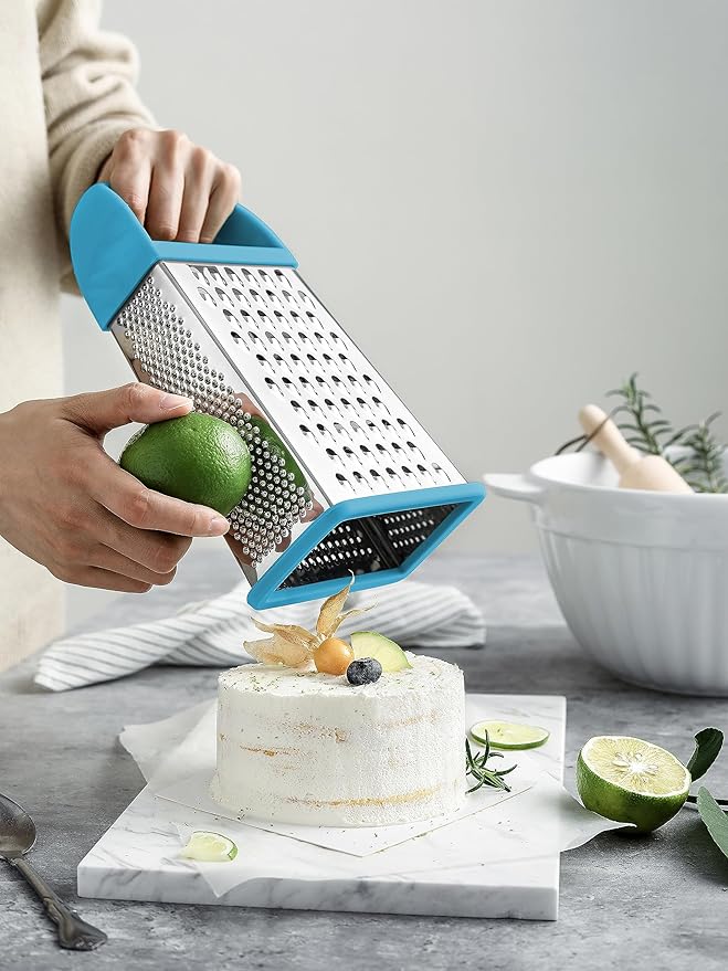 Spring Chef Professional 10" Stainless Steel Parmesan Cheese Grater with Handle, 4 Sided Handheld Box Grater, Kitchen Food Shredder for Potato, Cheese, Ginger, Veggie - Aqua Sky