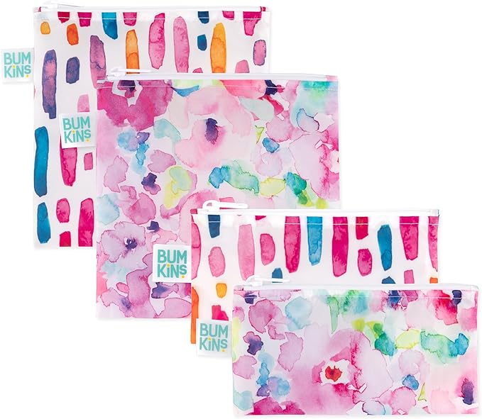 Bumkins - Cloth Snack & Sandwich Bags - For Storage, Travel, Food Prep, Lunch - Reusable, Water Resistant, Dishwasher Safe - Snack Bags for Kids - Zipper Closure - Watercolors & Brushstrokes - 4 Pack